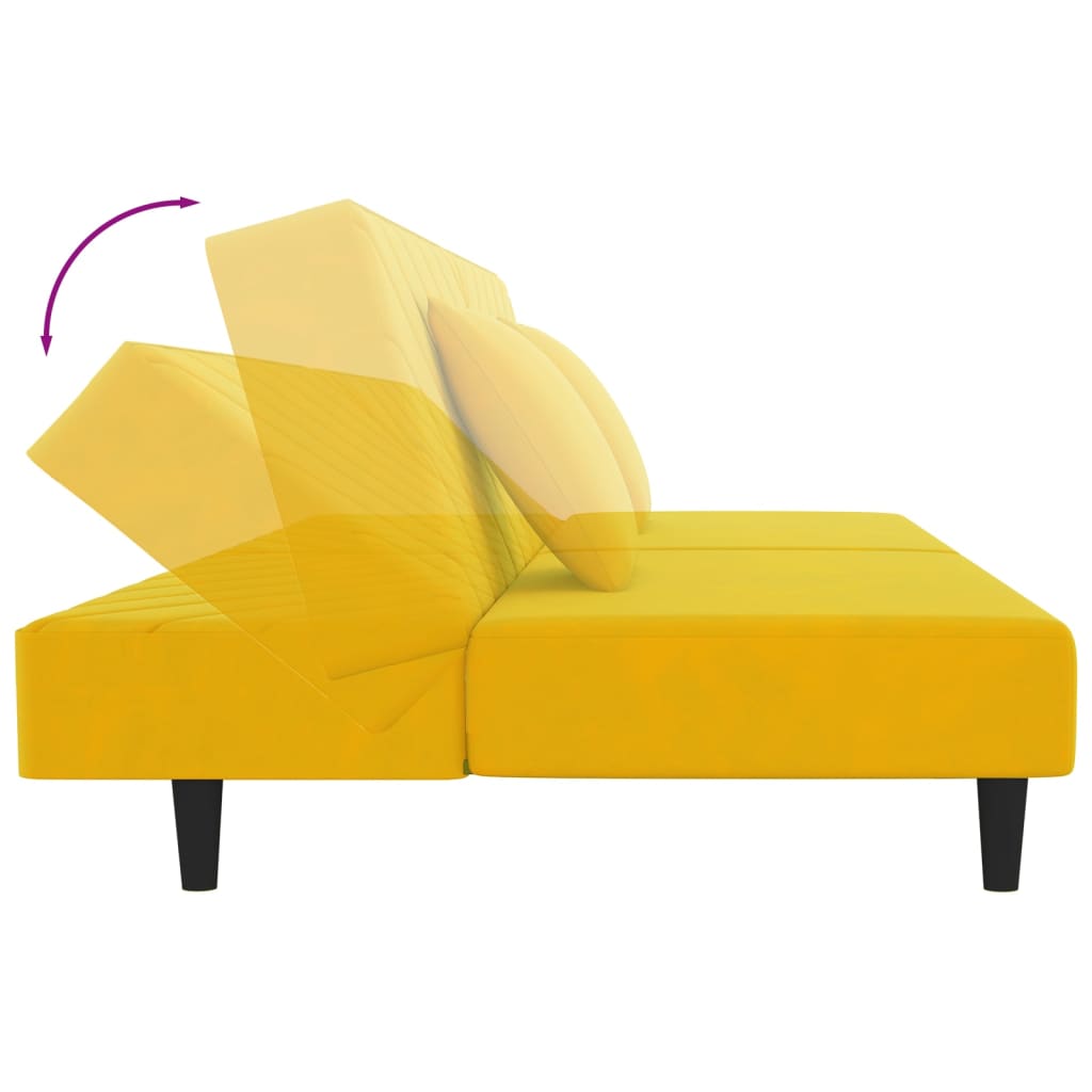 2-seater sofa bed with two yellow velvet cushions