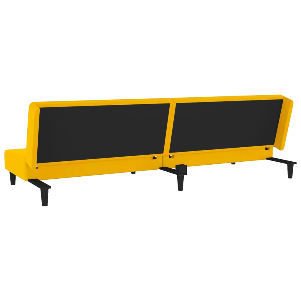 2-seater sofa bed with two yellow velvet cushions