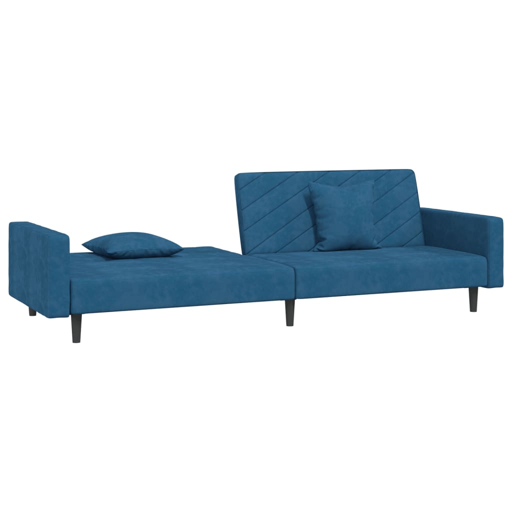 2-seater sofa bed with two blue velvet cushions