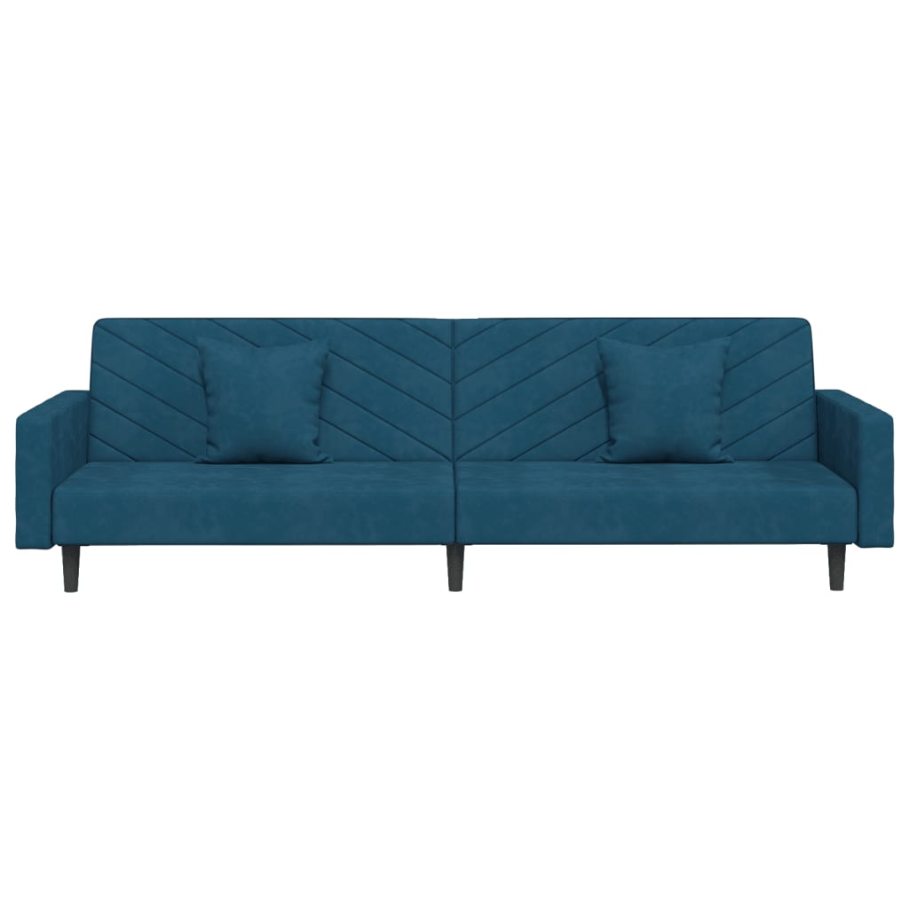 2-seater sofa bed with two blue velvet cushions