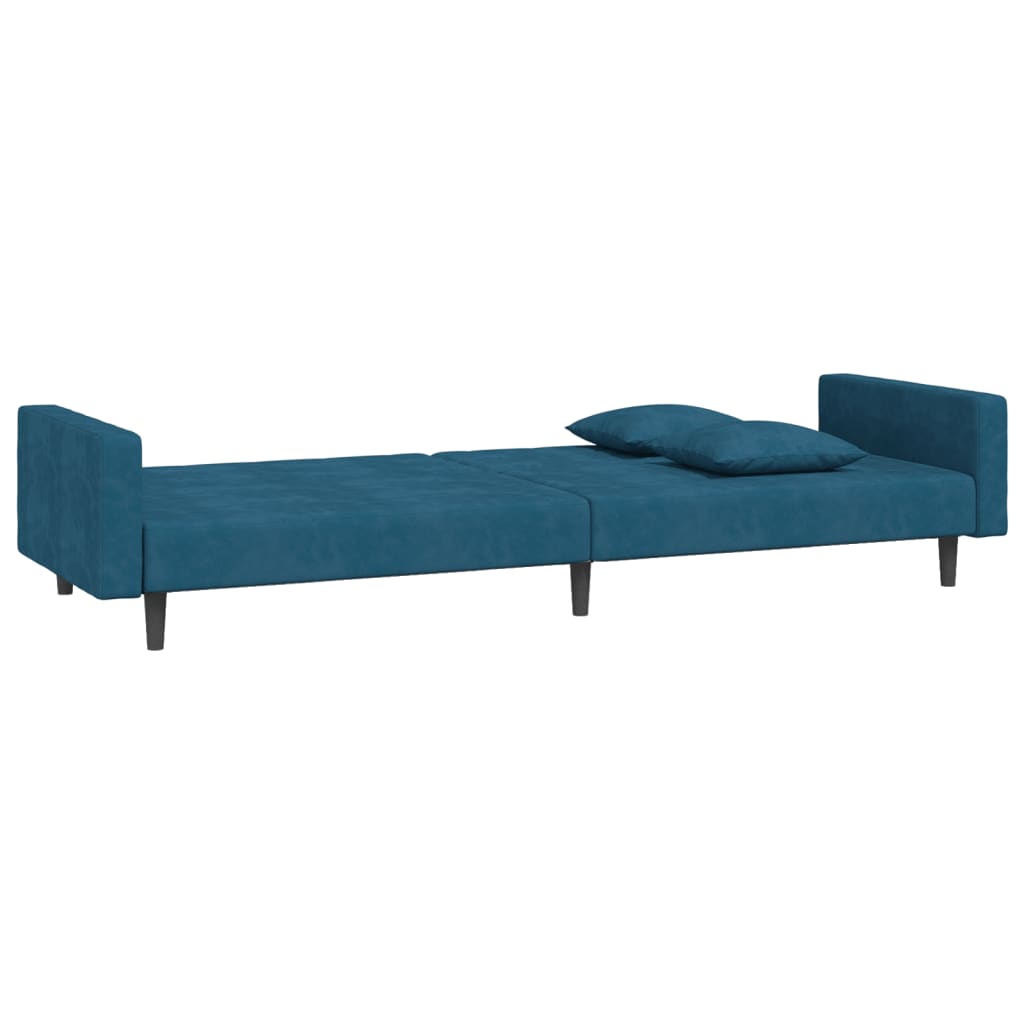 2-seater sofa bed with two blue velvet cushions