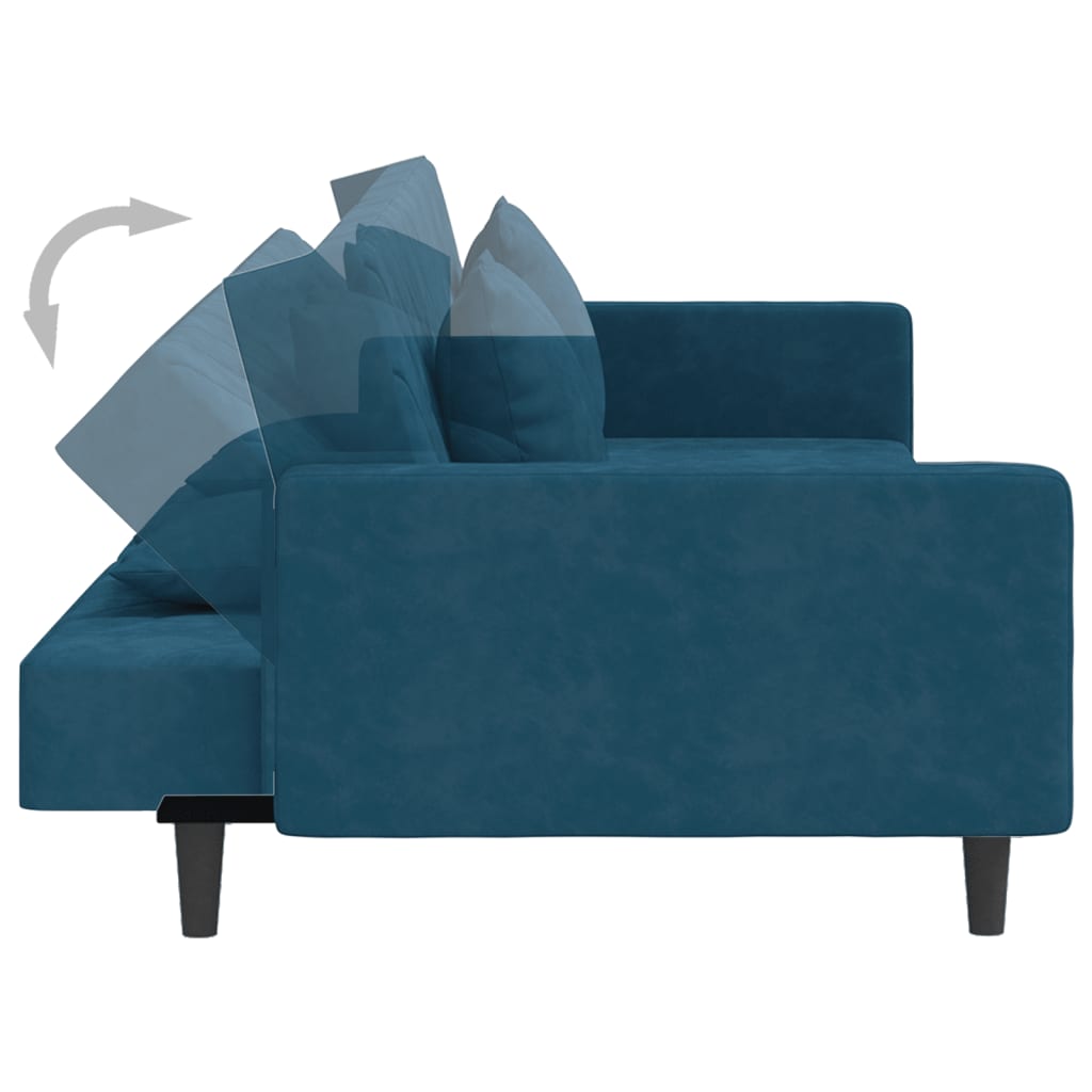 2-seater sofa bed with two blue velvet cushions