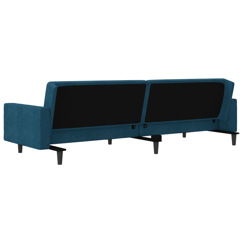 2-seater sofa bed with two blue velvet cushions