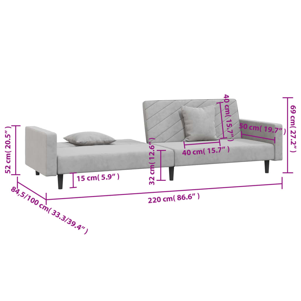 2-seater sofa bed with two light grey velvet cushions