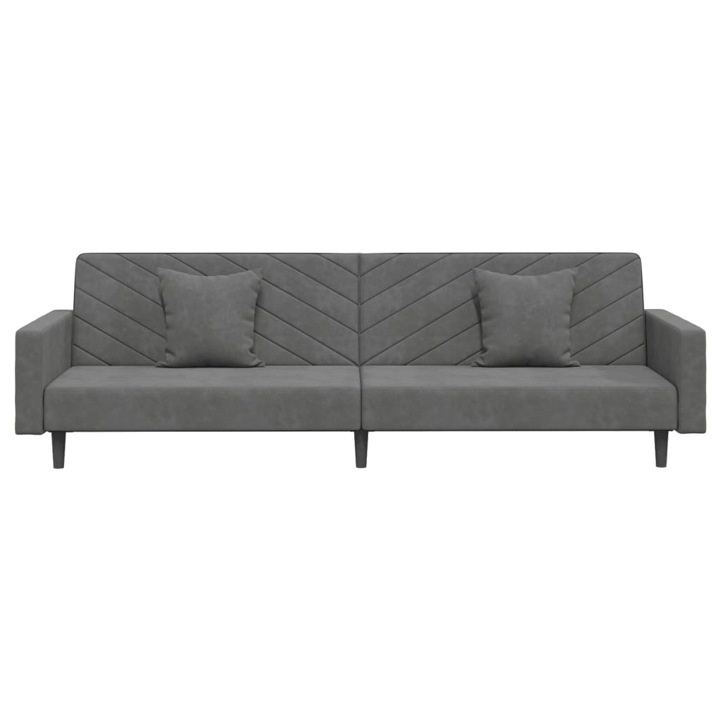 2-seater sofa bed with two dark grey velvet cushions