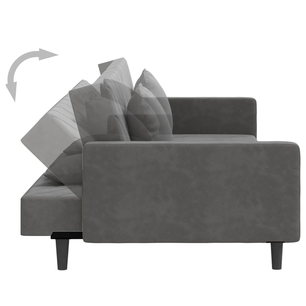 2-seater sofa bed with two dark grey velvet cushions