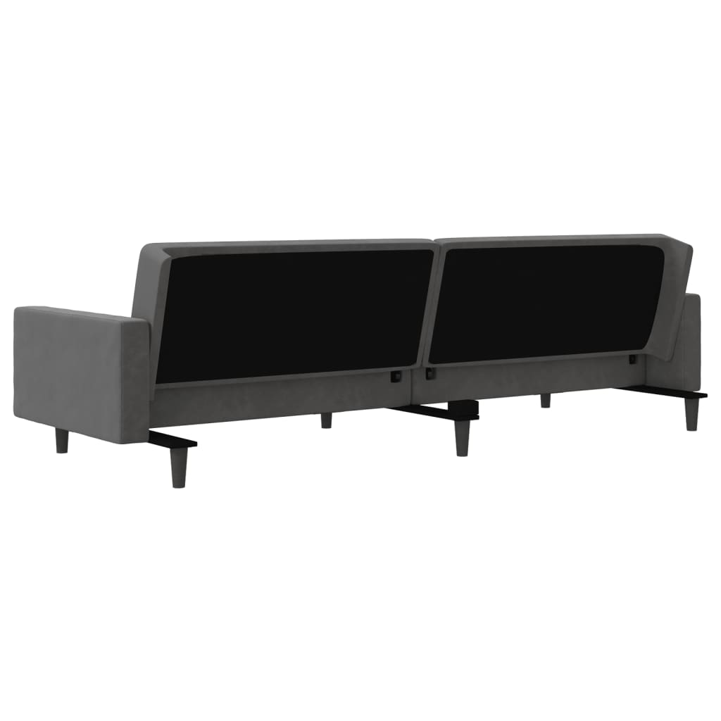 2-seater sofa bed with two dark grey velvet cushions