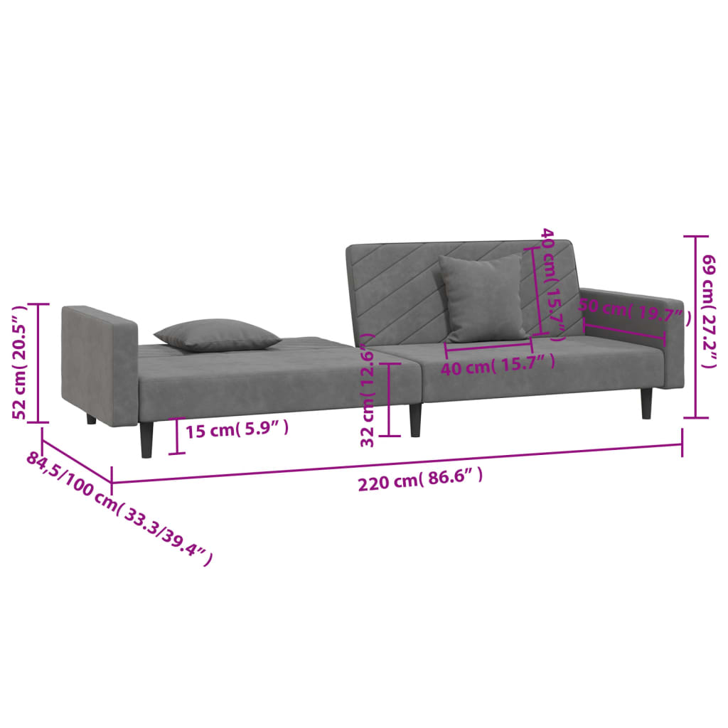 2-seater sofa bed with two dark grey velvet cushions