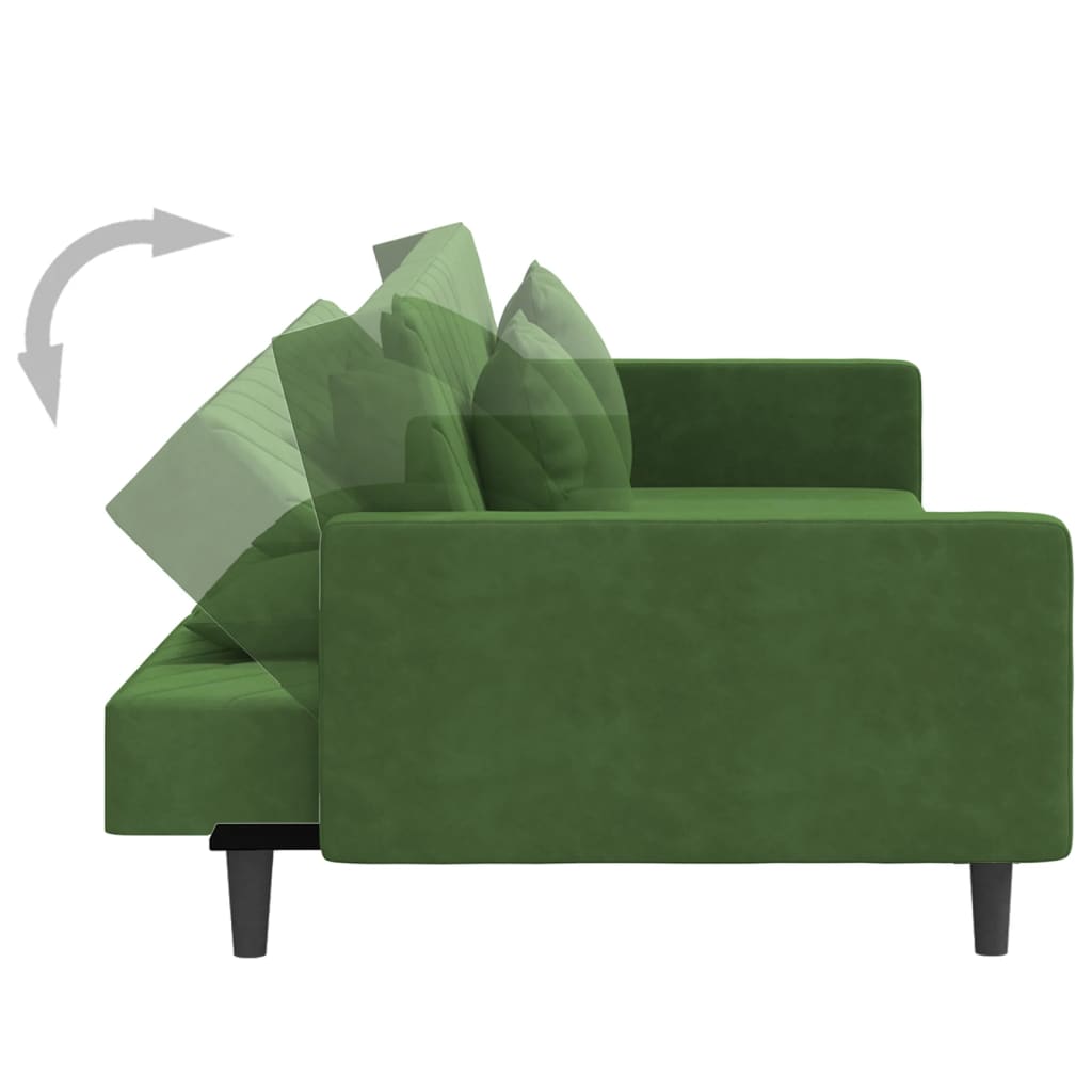 2-seater sofa bed with two dark green velvet cushions