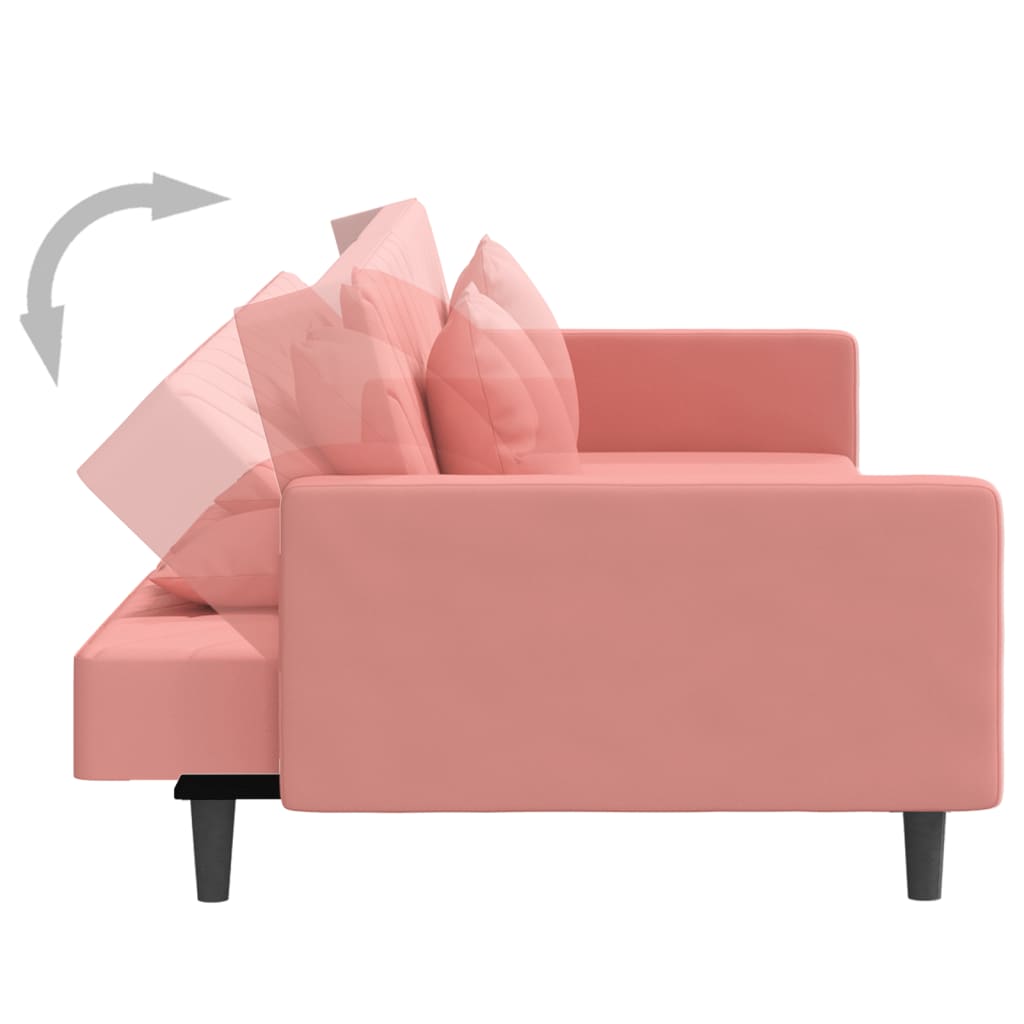 2-seater sofa bed with two pink velvet cushions