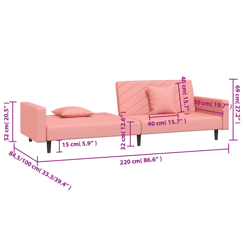 2-seater sofa bed with two pink velvet cushions