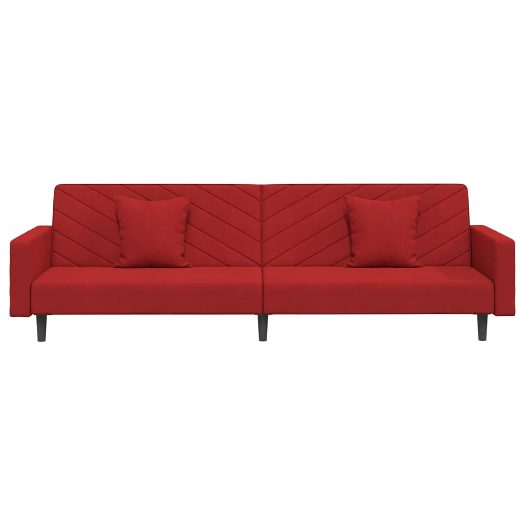 Sofá-cama 2 lugares com duas almofadas veludo vermelho tinto