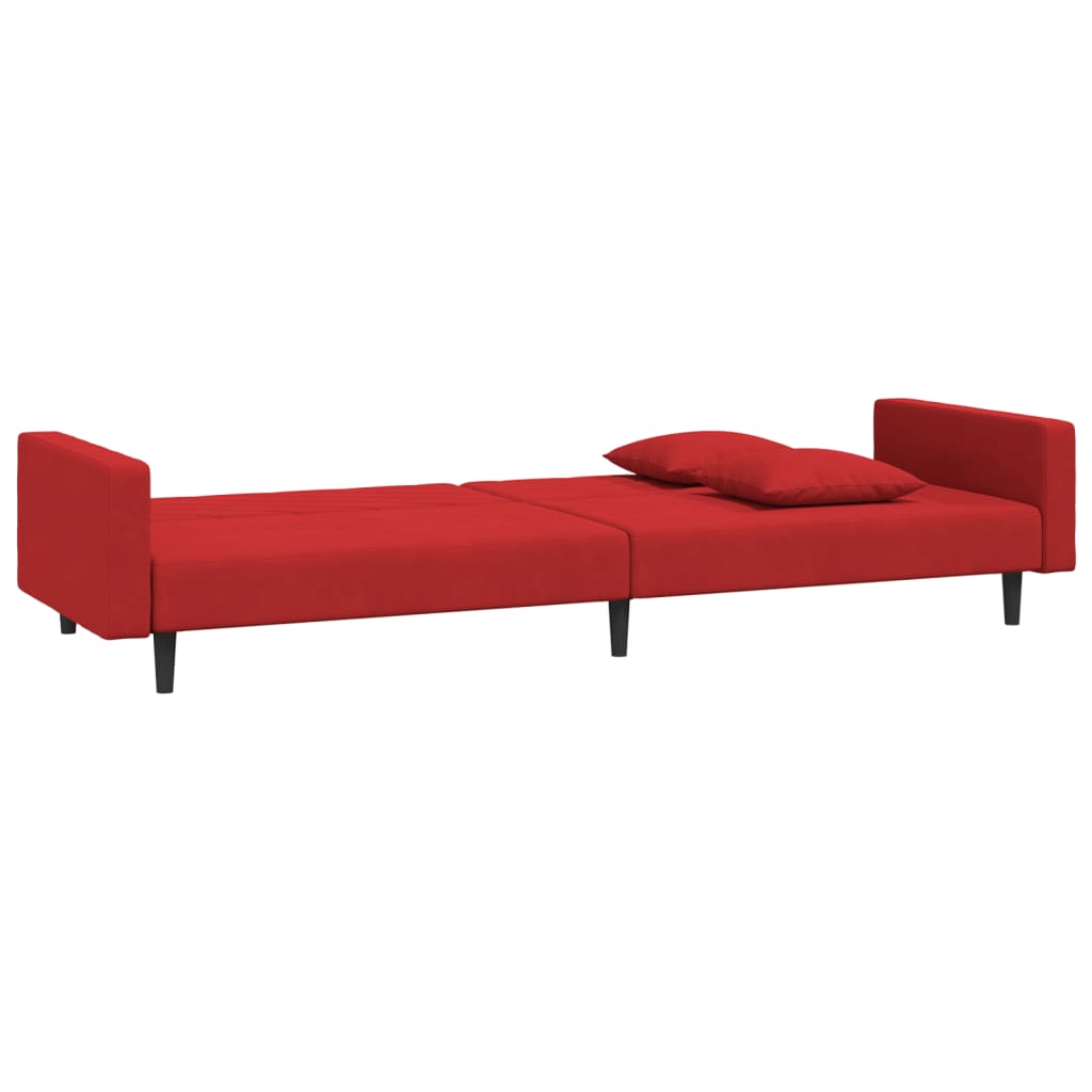 Sofá-cama 2 lugares com duas almofadas veludo vermelho tinto
