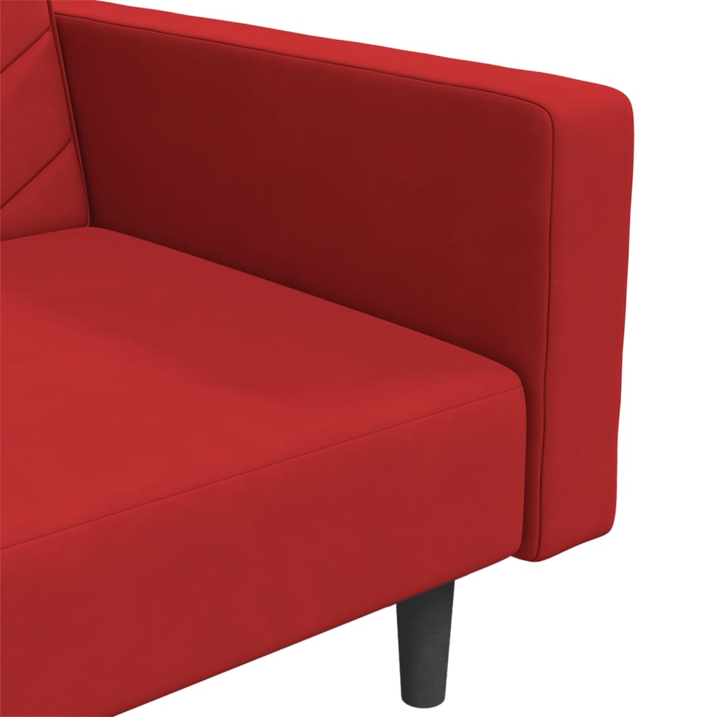 Sofá-cama 2 lugares com duas almofadas veludo vermelho tinto