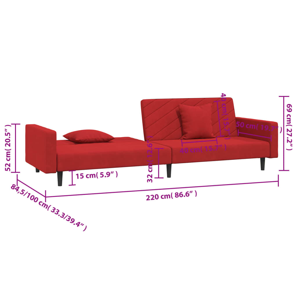 Sofá-cama 2 lugares com duas almofadas veludo vermelho tinto