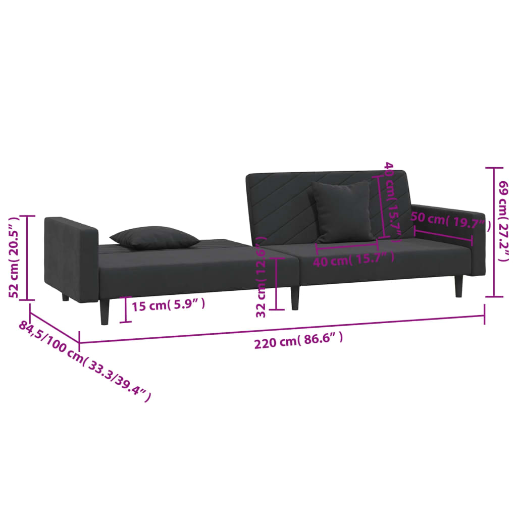 Sofá-cama 2 lugares com duas almofadas veludo preto