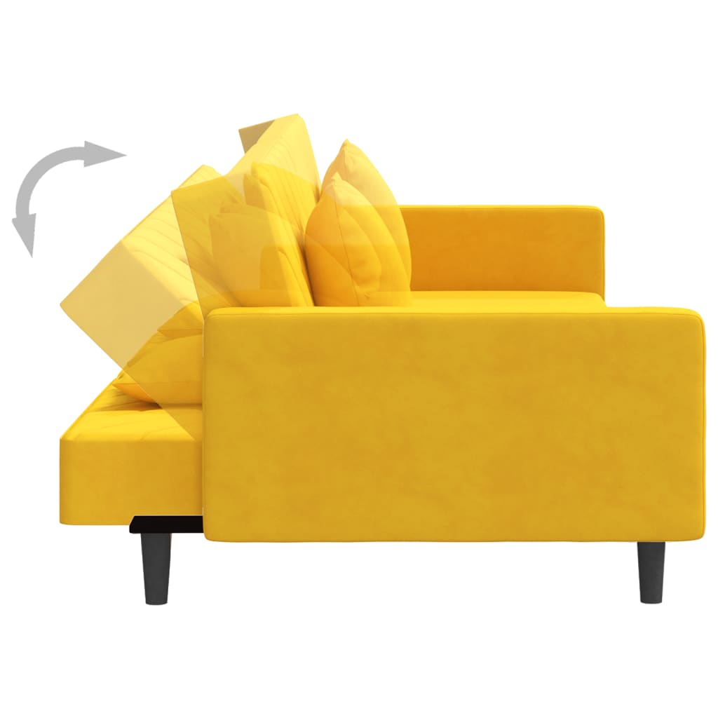 2-seater sofa bed with two yellow velvet cushions