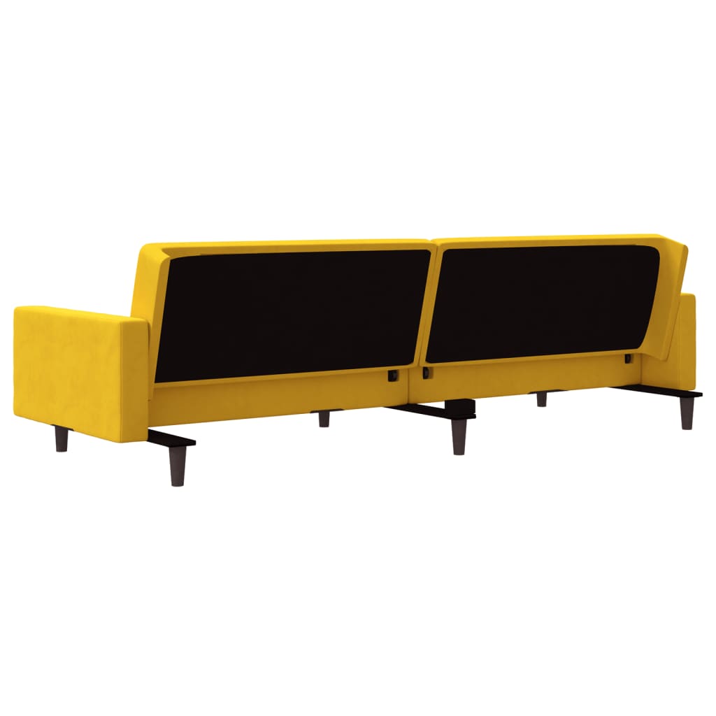 2-seater sofa bed with two yellow velvet cushions