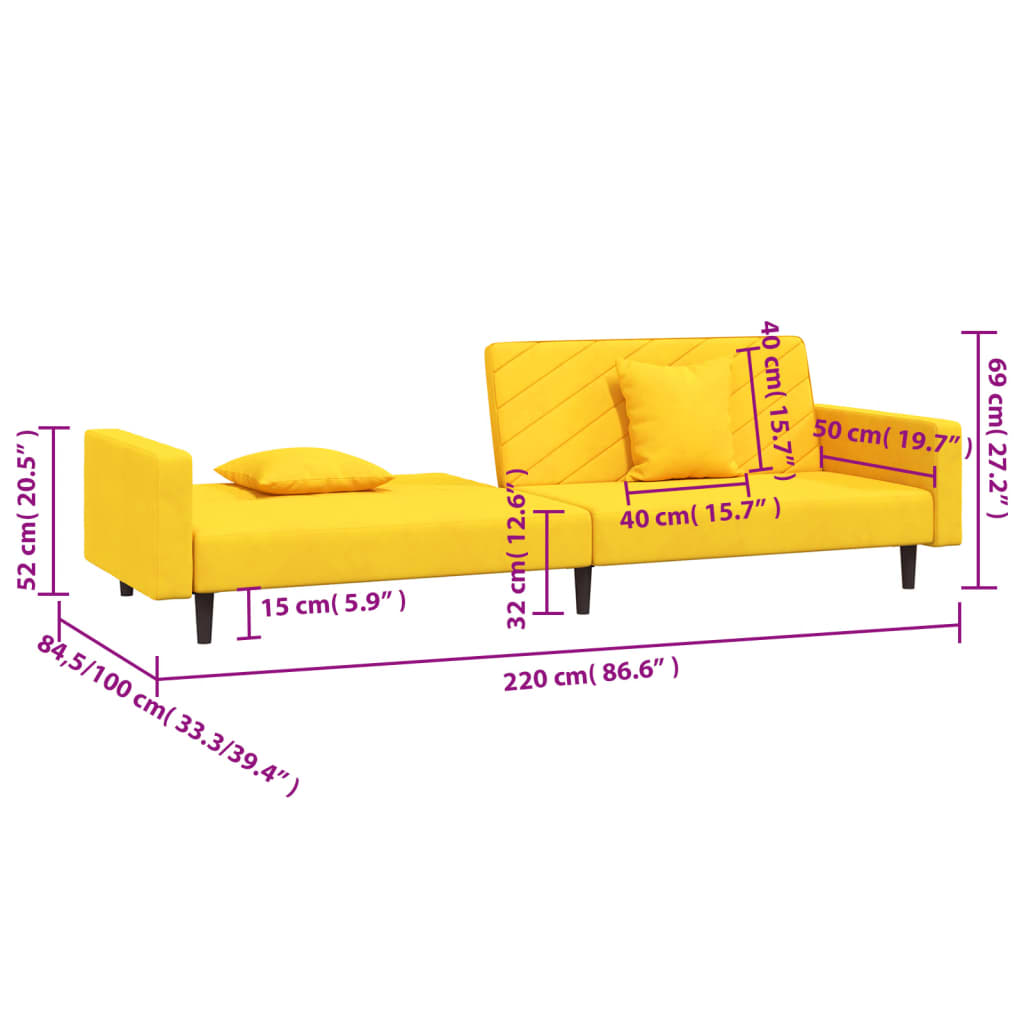 2-seater sofa bed with two yellow velvet cushions