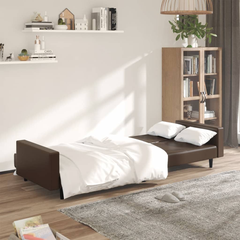 2-seater sofa bed in brown faux leather