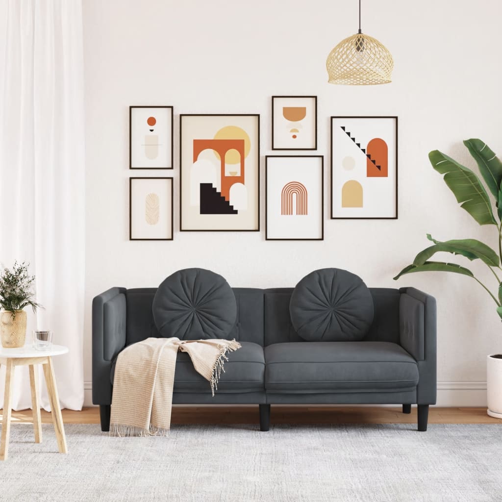 2-seater dark grey velvet sofa with cushions