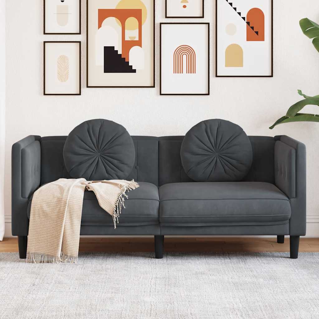 2-seater dark grey velvet sofa with cushions