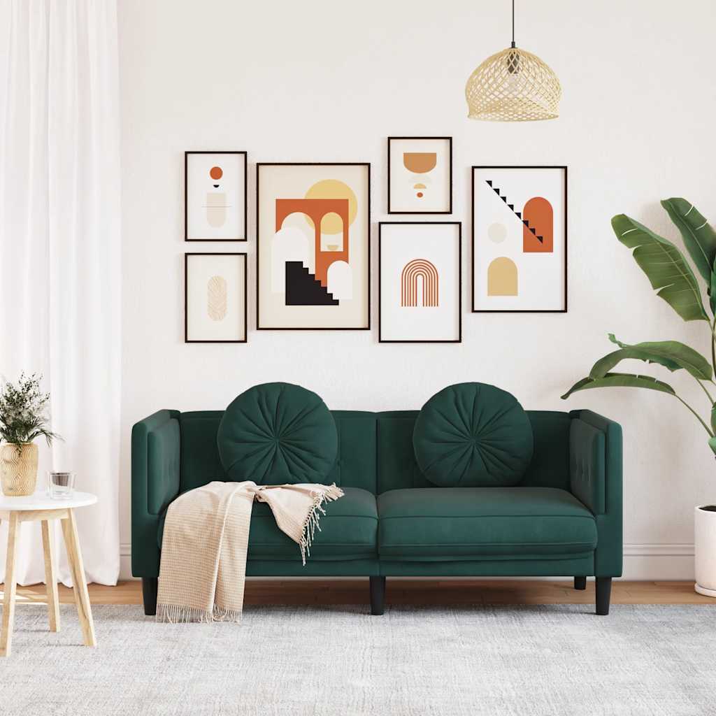 2-seater dark green velvet sofa with cushions