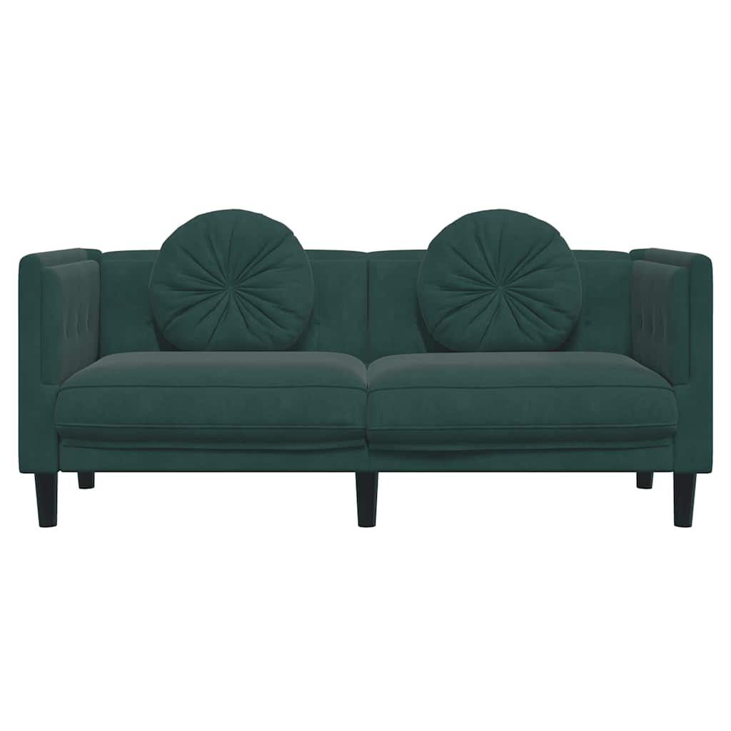 2-seater dark green velvet sofa with cushions