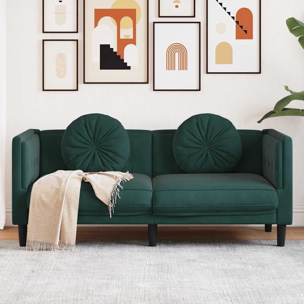 2-seater dark green velvet sofa with cushions