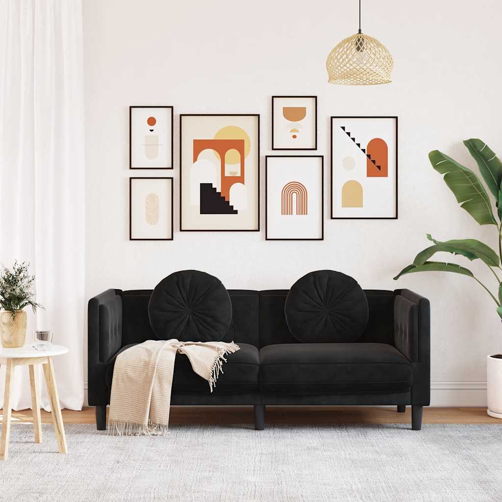 2-seater black velvet sofa with cushions