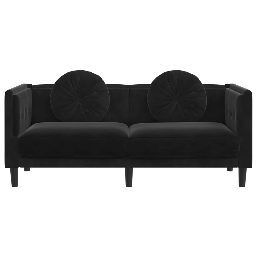 2-seater black velvet sofa with cushions
