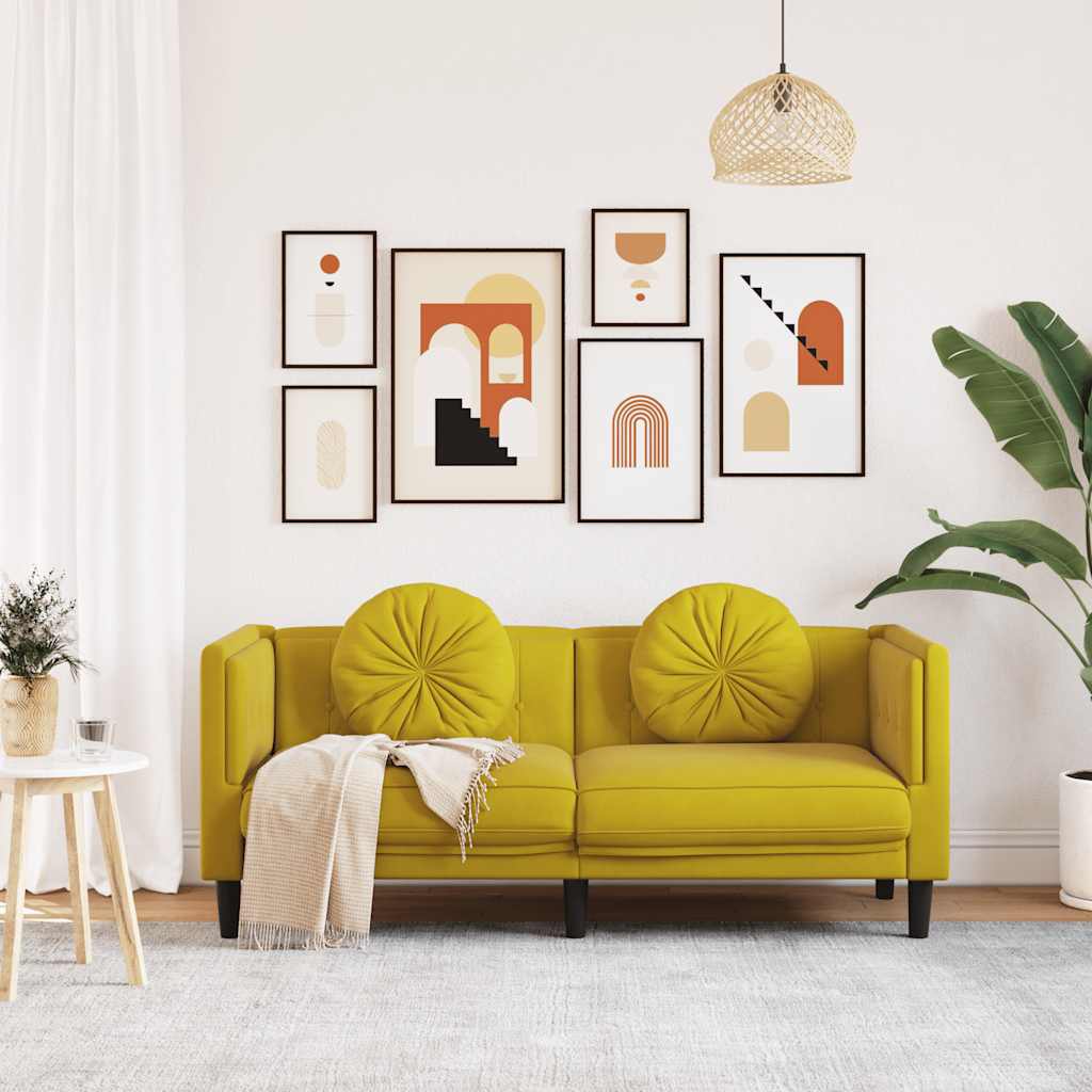 2-seater yellow velvet sofa with cushions