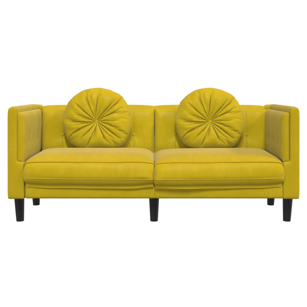 2-seater yellow velvet sofa with cushions