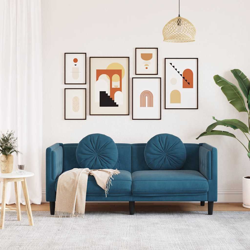 2-seater blue velvet sofa with cushions