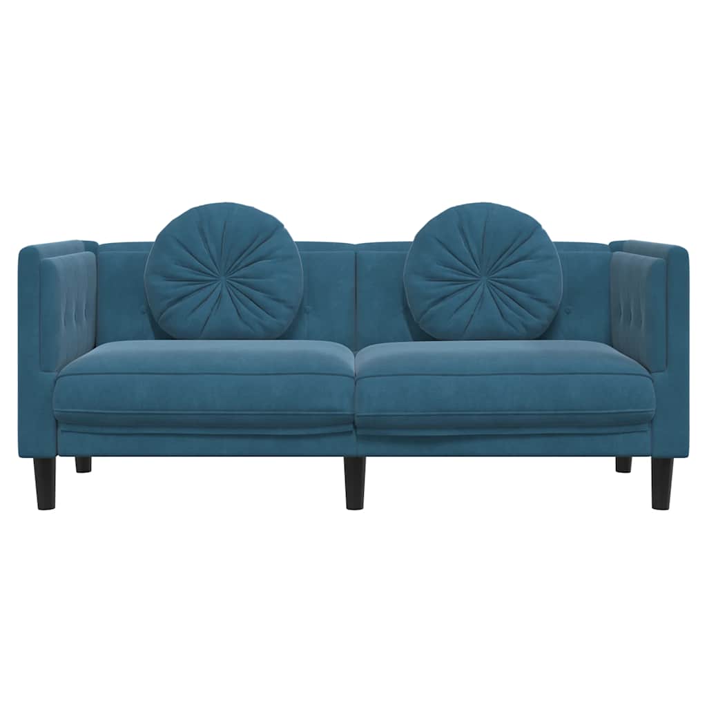 2-seater blue velvet sofa with cushions