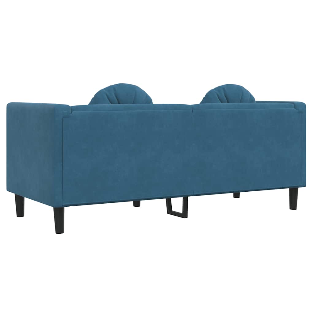 2-seater blue velvet sofa with cushions