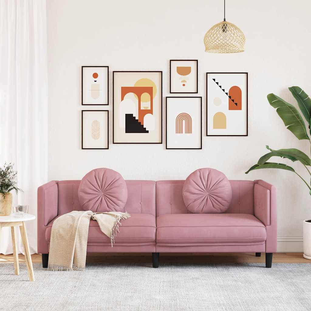 3-seater pink velvet sofa with cushions