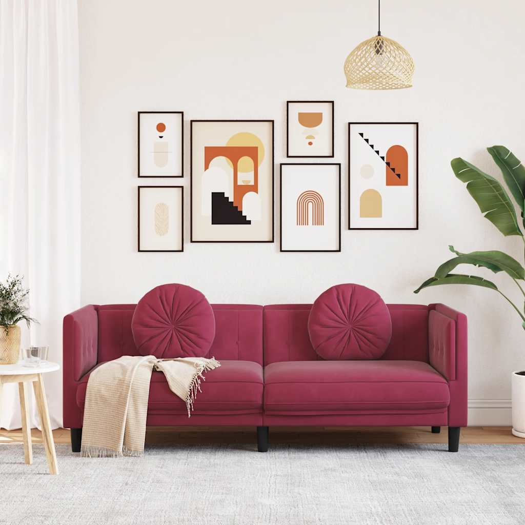 3-seater red velvet sofa with cushions