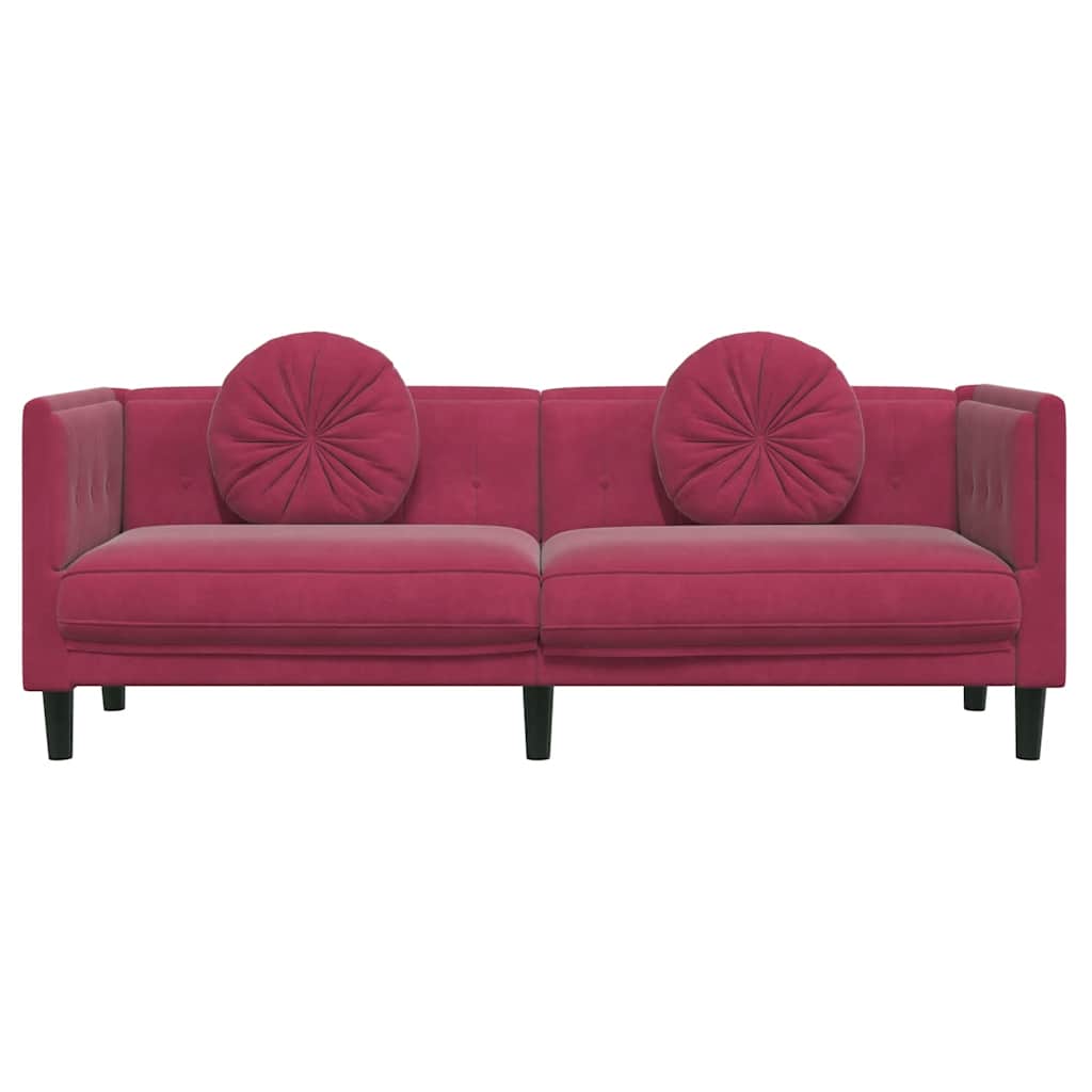 3-seater red velvet sofa with cushions