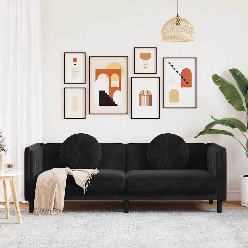 3-seater black velvet sofa with cushions