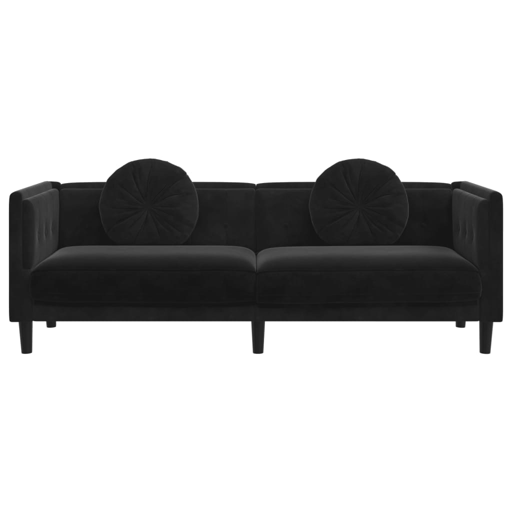 3-seater black velvet sofa with cushions