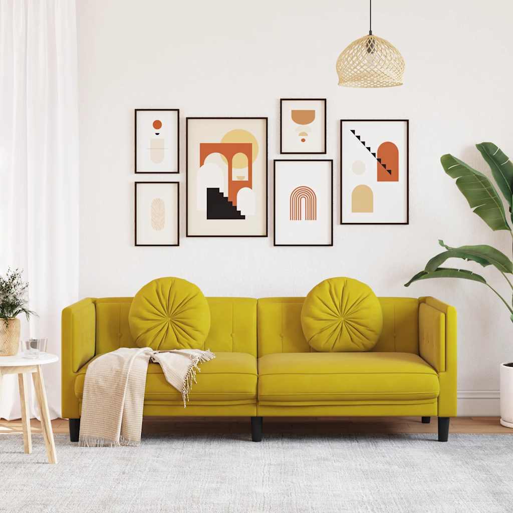 3-seater yellow velvet sofa with cushions