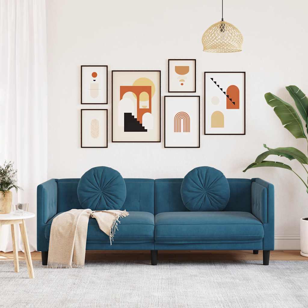 3-seater blue velvet sofa with cushions
