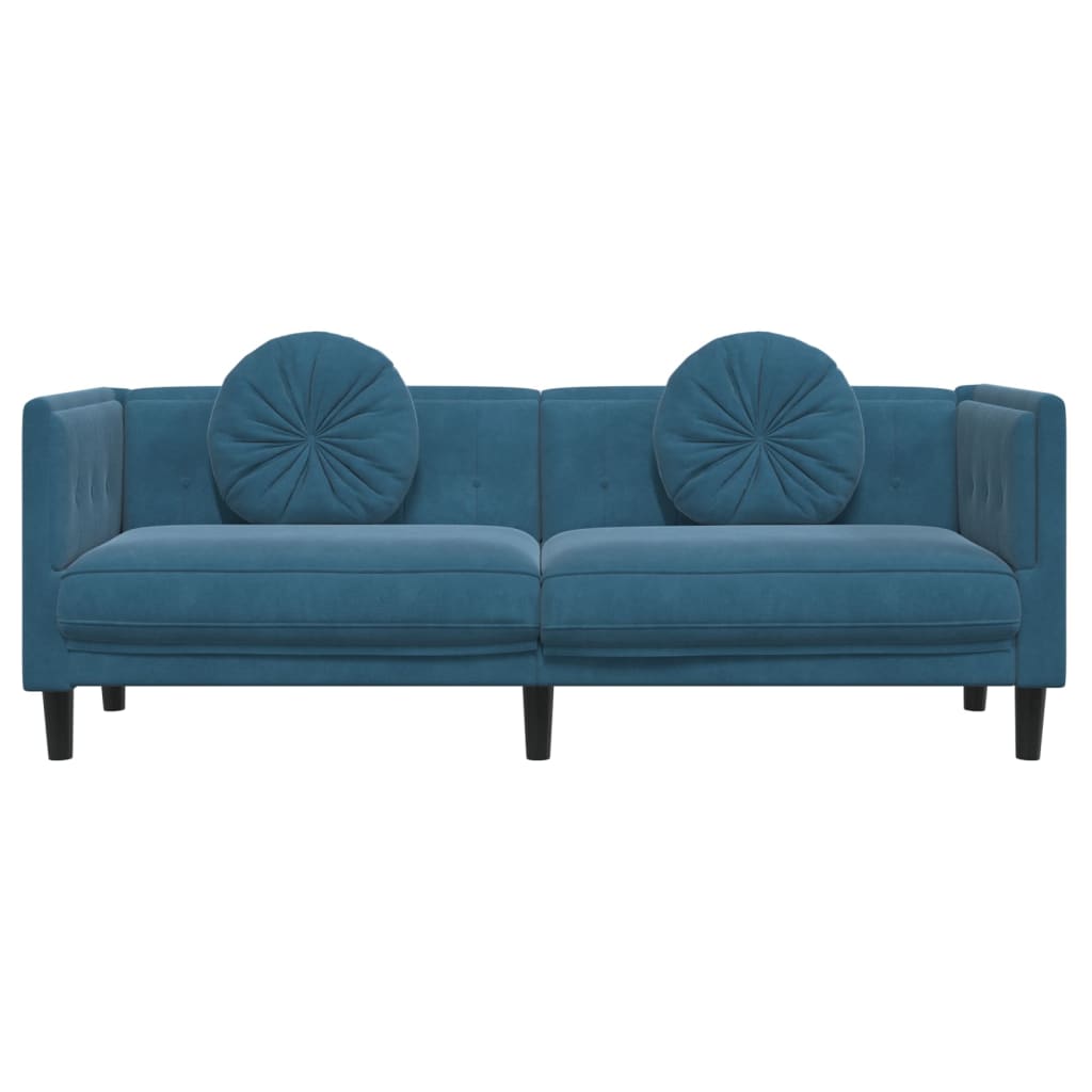 3-seater blue velvet sofa with cushions