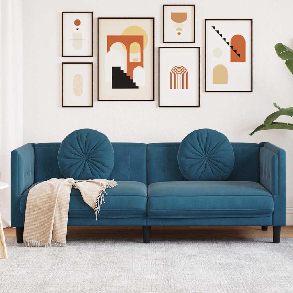 3-seater blue velvet sofa with cushions
