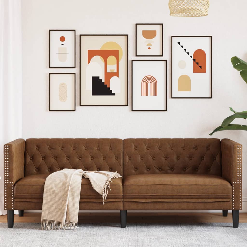 Chesterfield 3-seater sofa in faux suede, brown