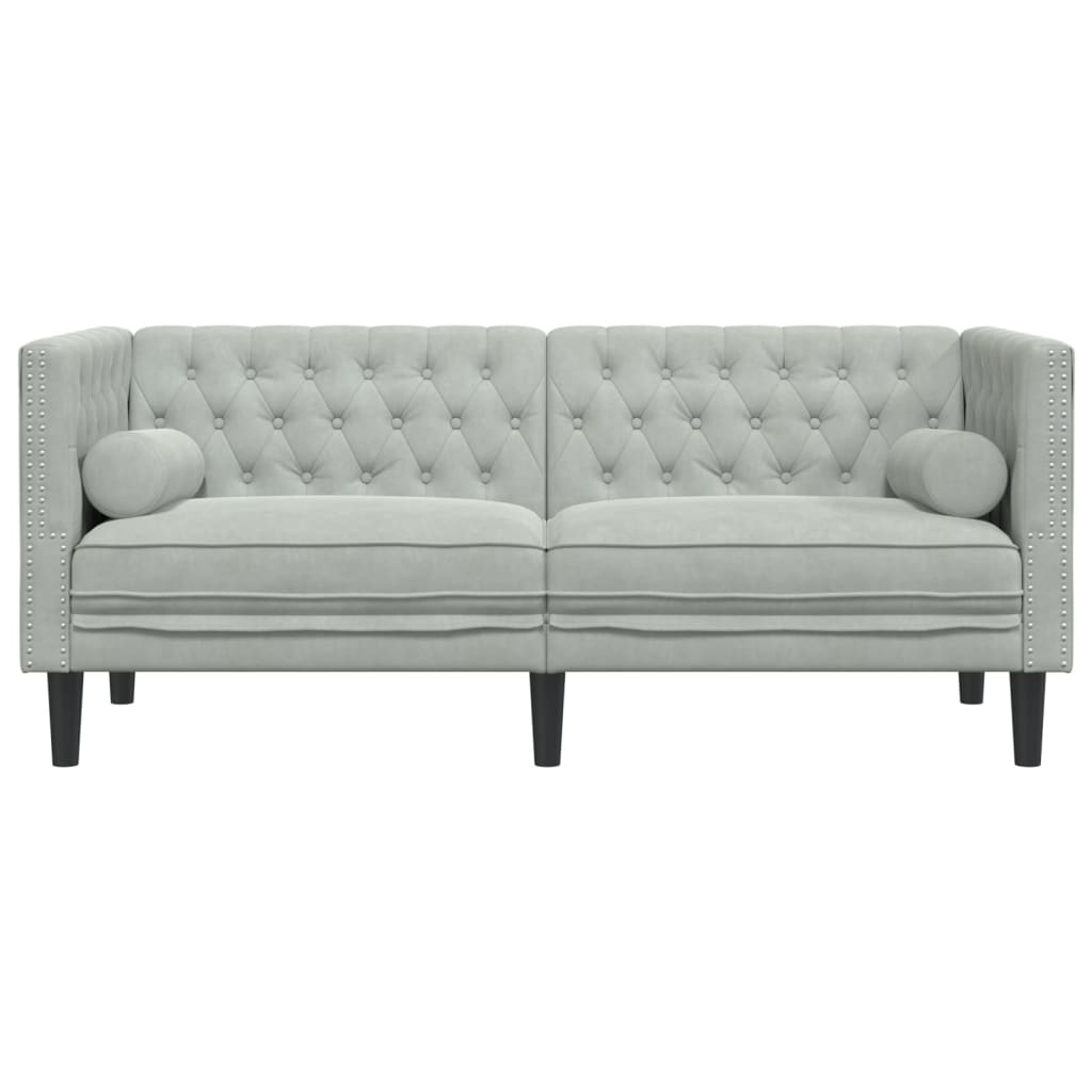 Sofá chesterfield com rolos 2 lugares veludo cinzento-claro