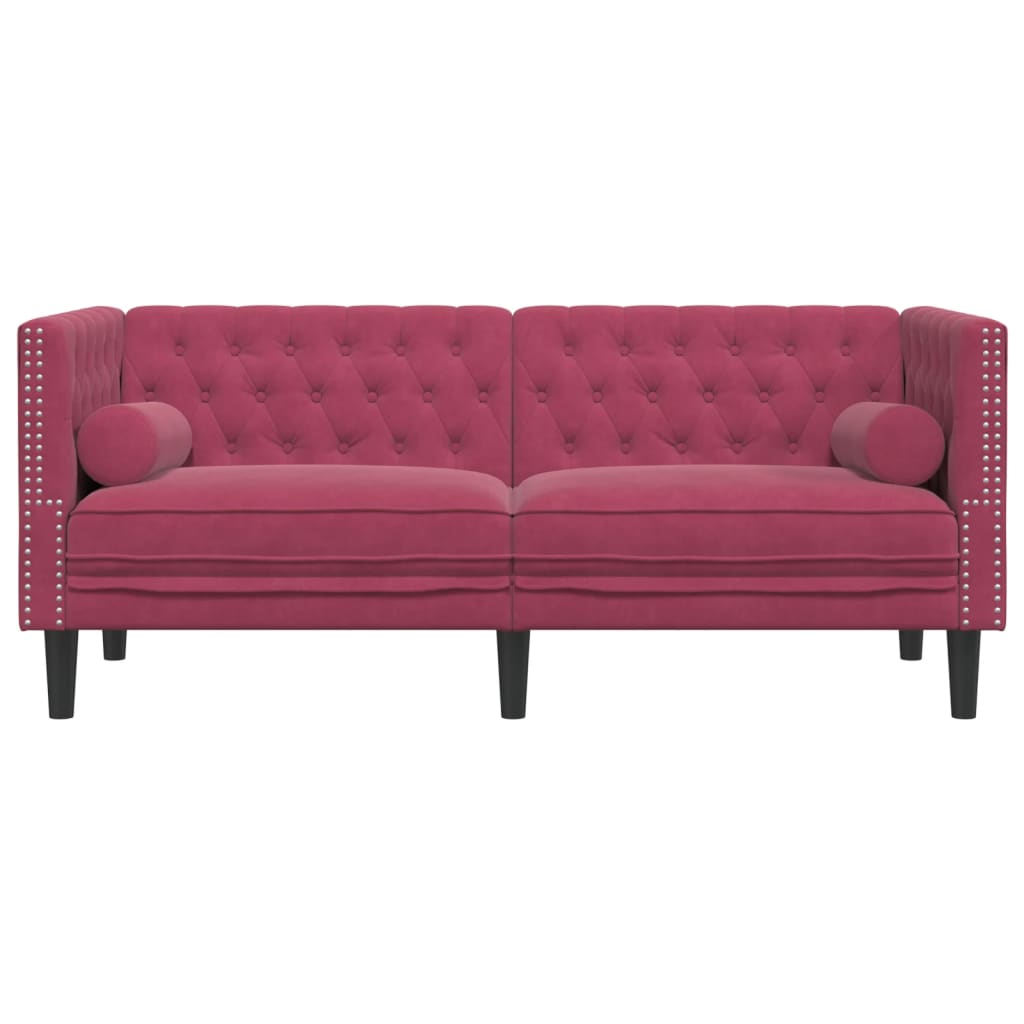 Sofá chesterfield com rolos 2 lugares veludo vermelho tinto
