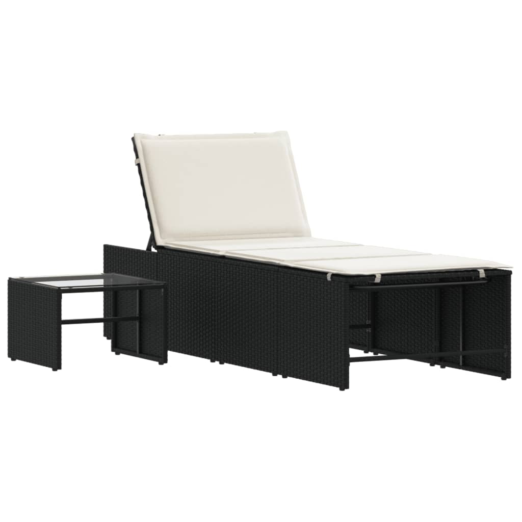 Sun loungers with table 2 pcs black PE rattan