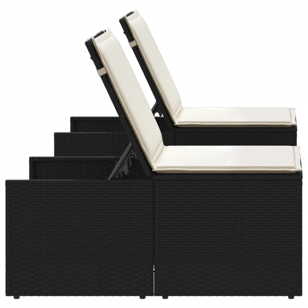 Sun loungers with table 2 pcs black PE rattan